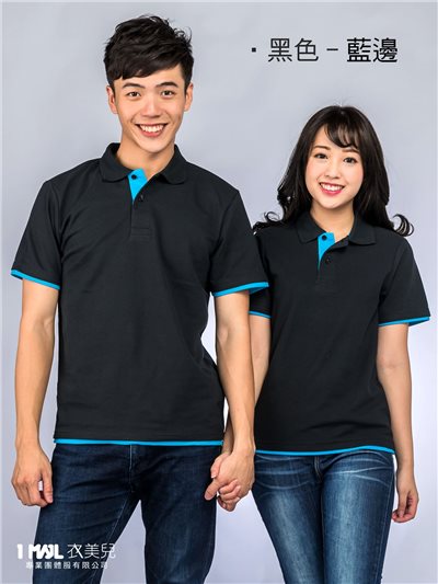 P42-經典網眼棉短POLO(黑+湖藍)/網眼棉