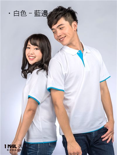 P42-經典網眼棉短POLO(白+湖藍)/網眼棉