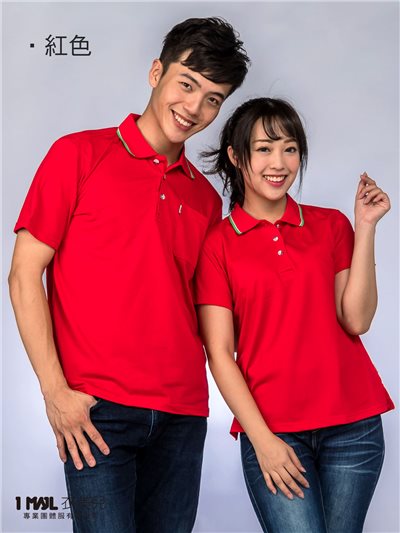 P43-條紋領網眼棉短POLO(紅色)/排汗網眼棉